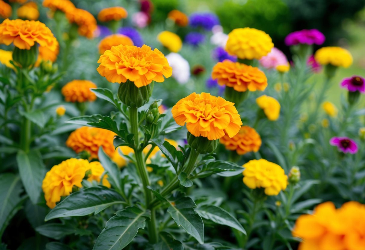 A vibrant marigold plant blooms in a lush garden, surrounded by other colorful flowers and green foliage