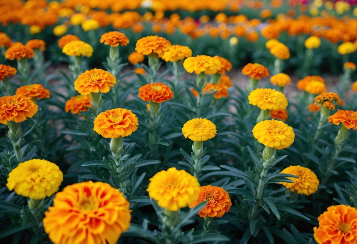 Vibrant marigolds spread across a garden, their bright blooms multiplying in various landscapes