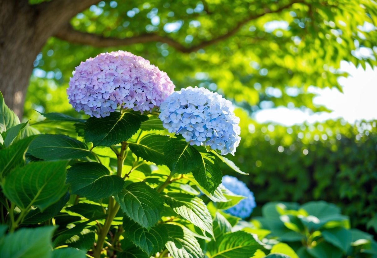 A bright garden scene with a hydrangea plant thriving in dappled sunlight under the shade of a larger tree, surrounded by lush green foliage