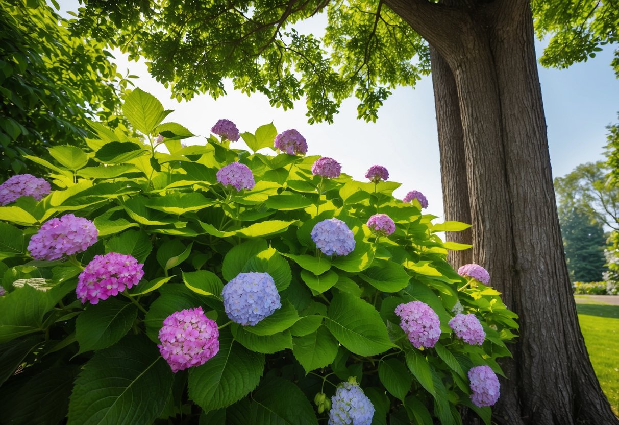 A vibrant hydrangea bush thrives in dappled sunlight beneath the shade of a tall tree, its lush green leaves and clusters of colorful blooms basking in the gentle warmth of the sun