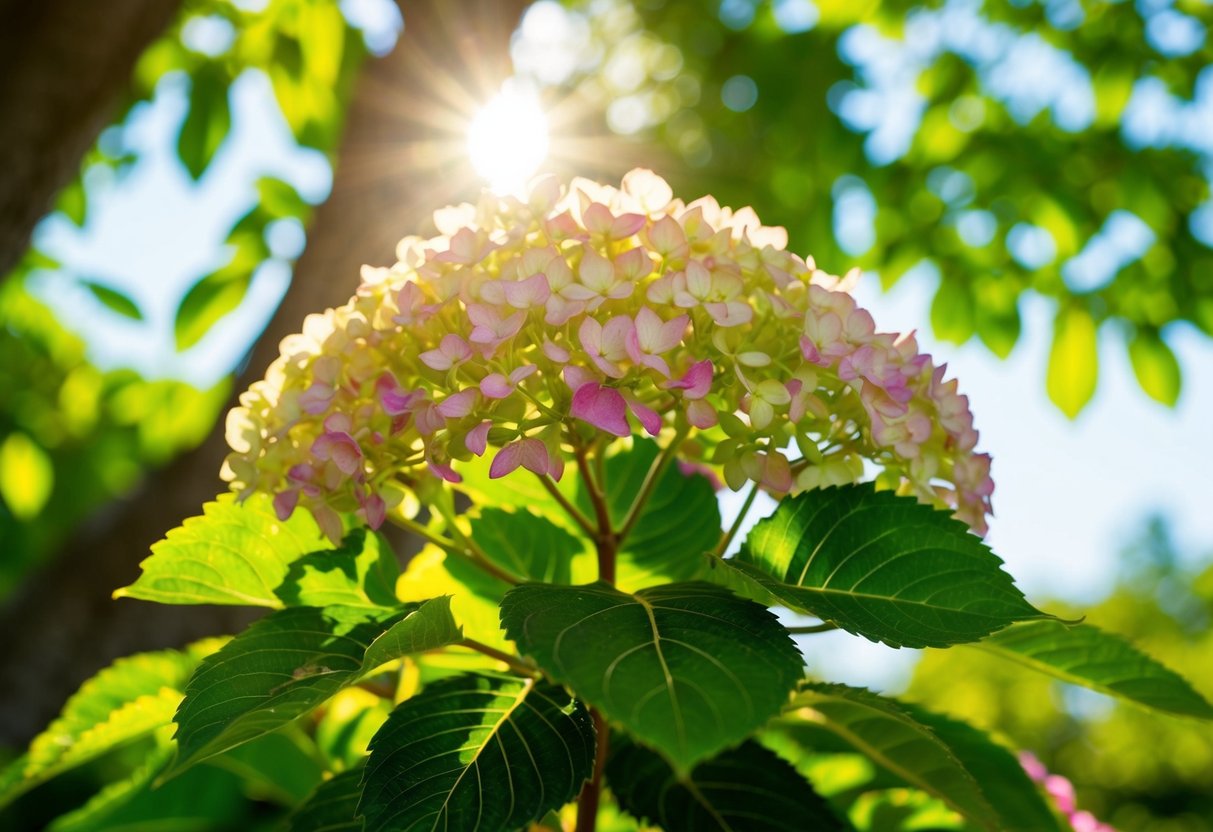 A vibrant hydrangea plant basks in dappled sunlight filtering through the leaves of a tree, showcasing its preference for partial shade