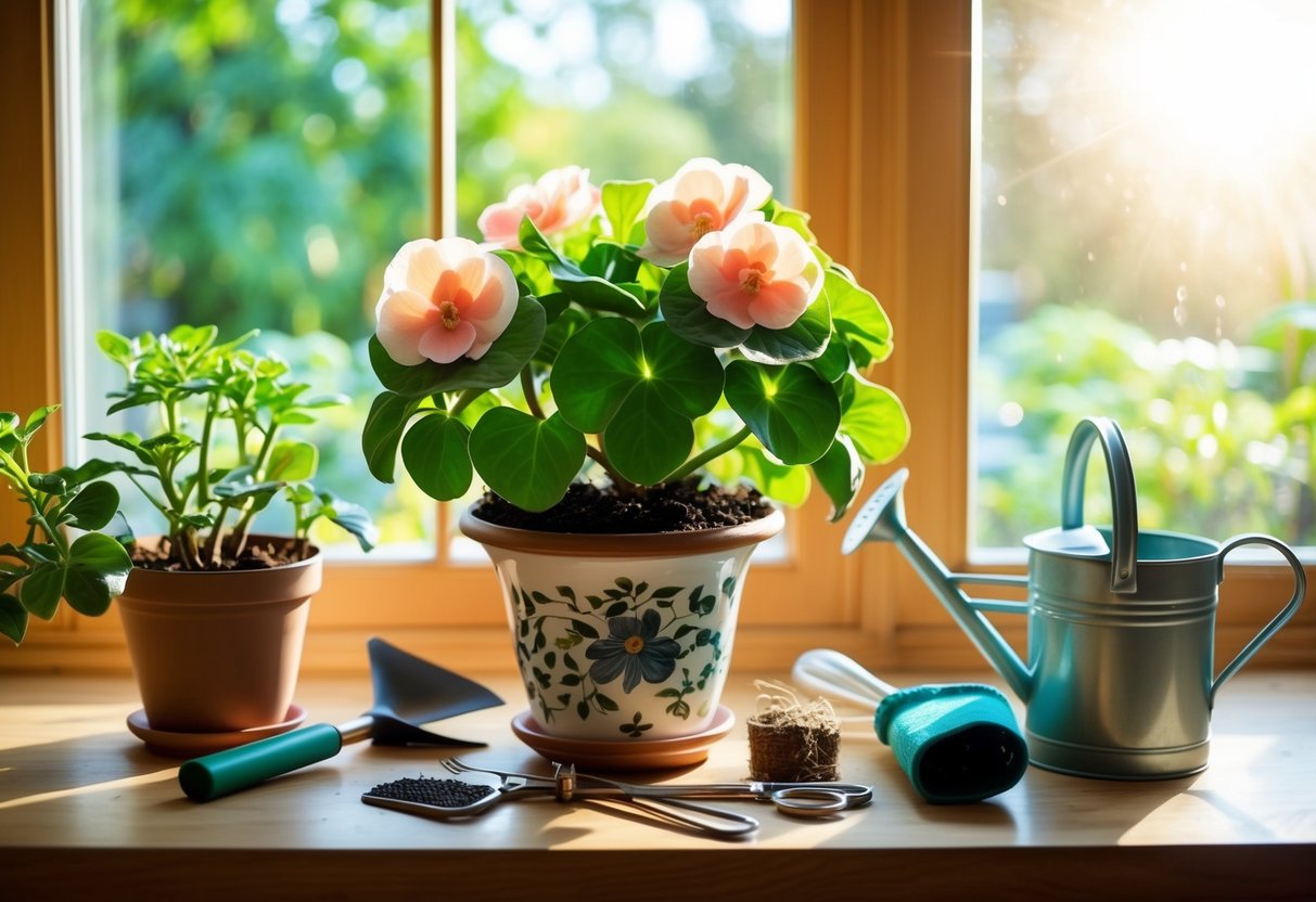 A flourishing begonia plant in a decorative pot, surrounded by gardening tools and a watering can. Sunshine filters through a nearby window, casting a warm glow on the scene