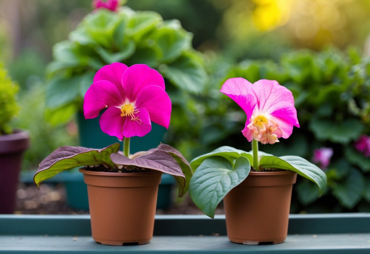 A pair of begonia plants in a garden setting, with one plant showing wilting or spent flowers that need to be removed