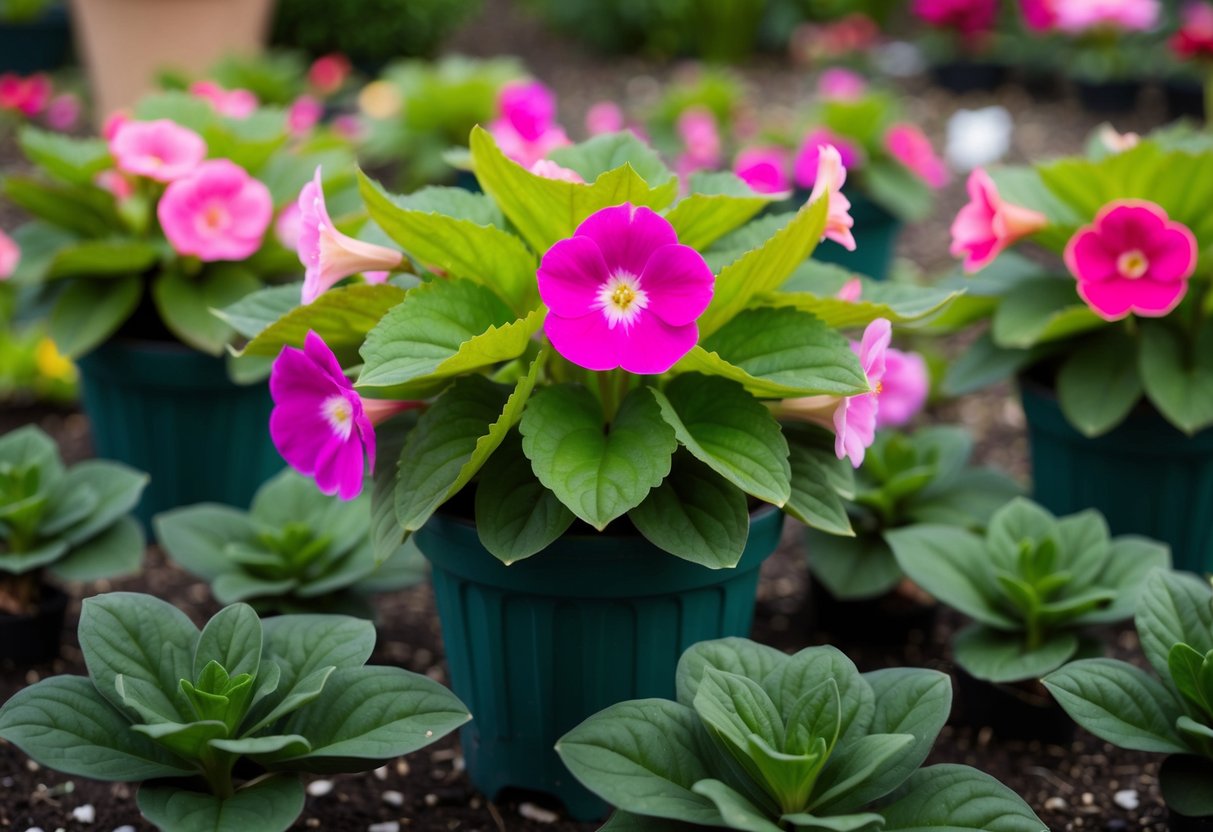 A begonia plant with vibrant flowers and healthy green leaves, surrounded by smaller begonia plants in various stages of growth