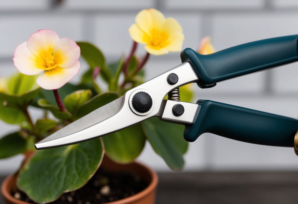 A pair of pruning shears snipping off spent begonia blooms, with a potted begonia plant in the background