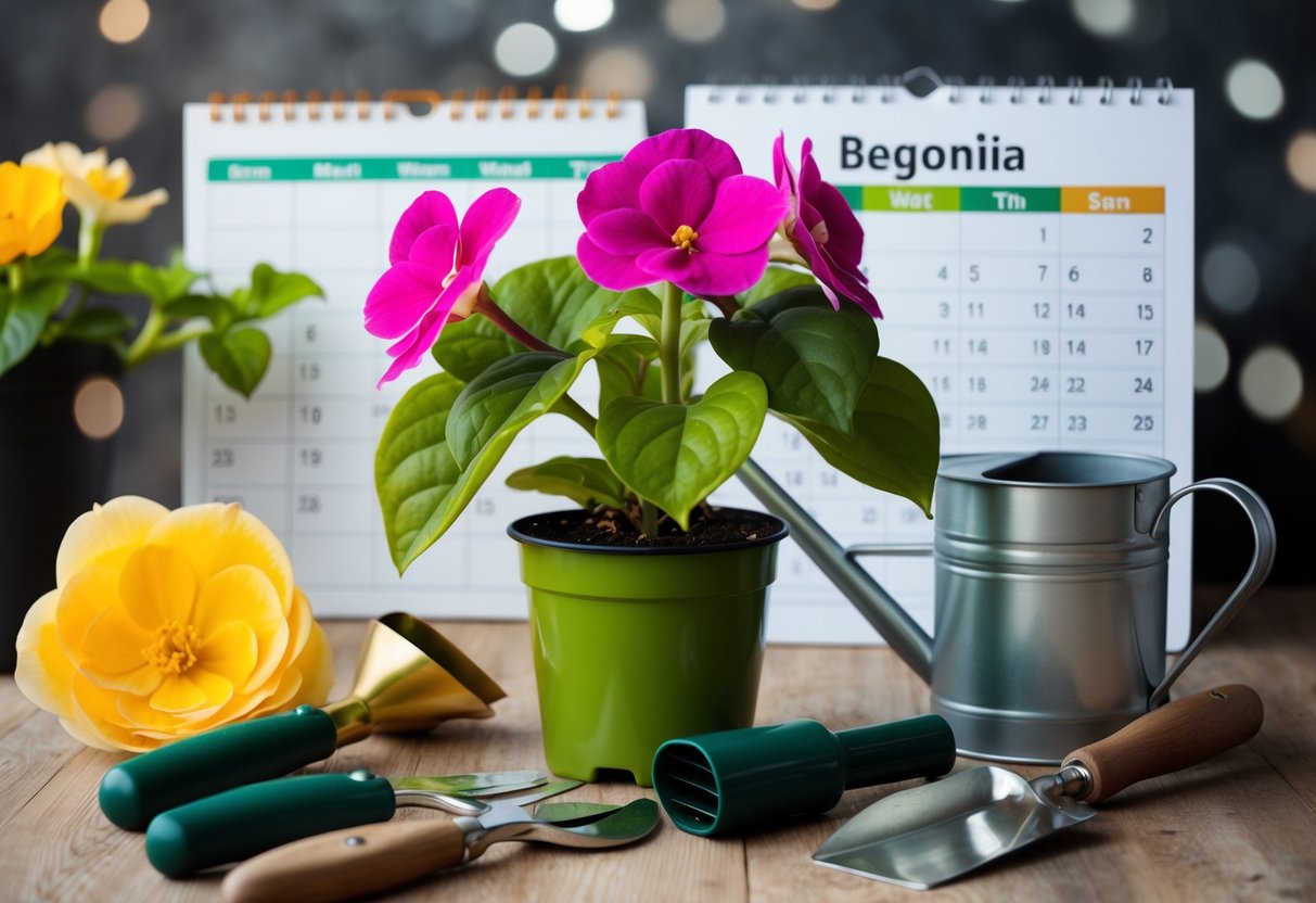 A blooming begonia plant surrounded by a variety of gardening tools and a watering can, with a calendar showing the plant's lifespan marked in the background