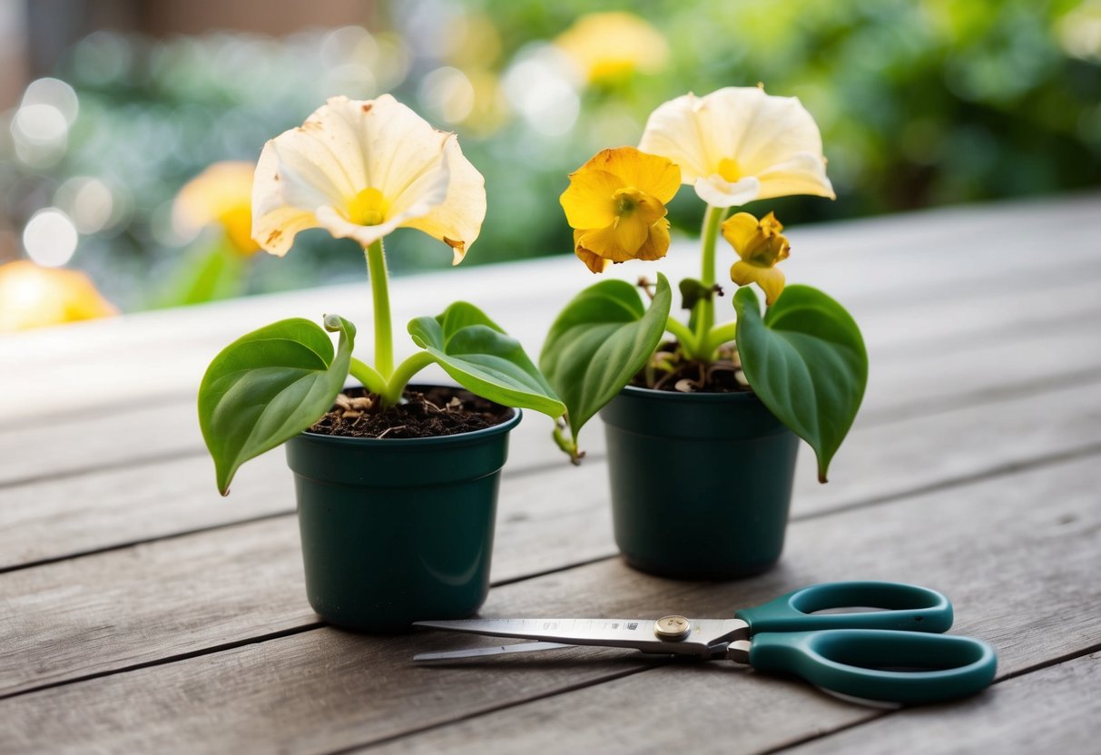 A pair of begonia plants with wilted flowers and a pair of gardening scissors nearby