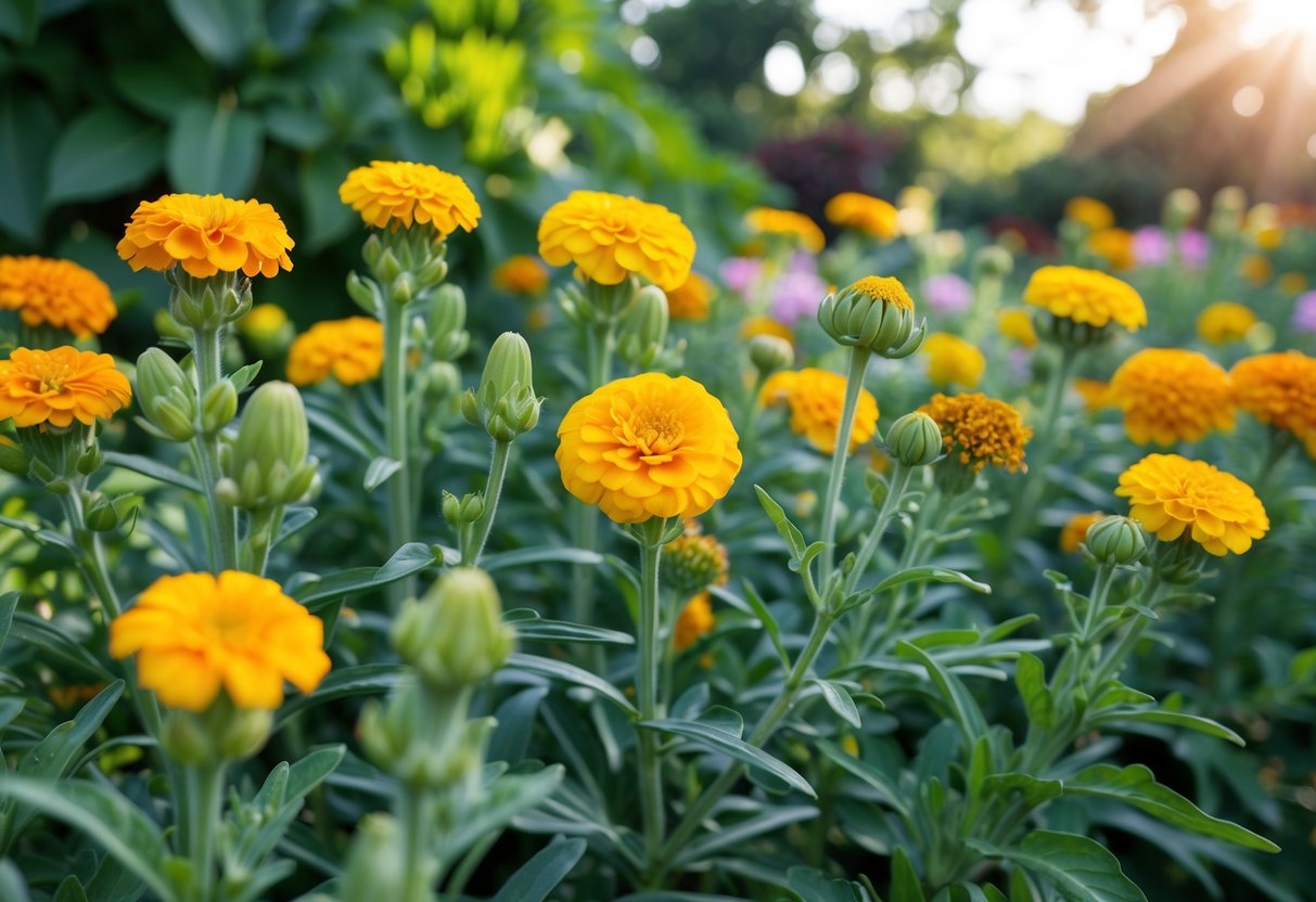 A garden with marigold plants in different stages of blooming, from buds to fully open flowers, surrounded by green leaves and sunlight filtering through the foliage