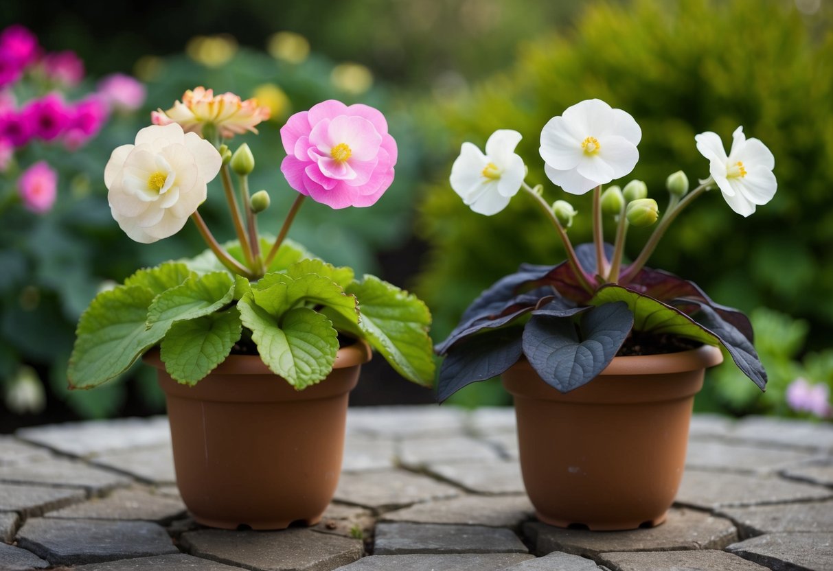 A pair of begonias in a garden, one with faded blooms and the other with freshly deadheaded flowers