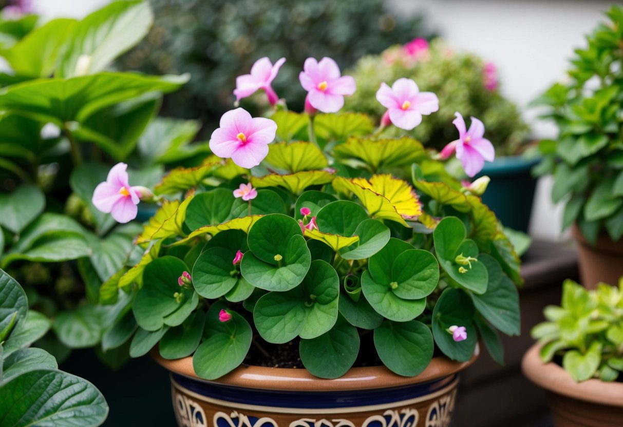 A lush, vibrant begonia plant thrives in a decorative pot, surrounded by other greenery. The plant is in full bloom, with delicate, colorful flowers adding to its beauty