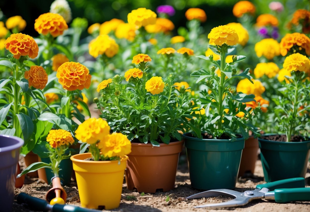 A sunny garden with marigold plants in various stages of growth, from seedlings to full blooms, surrounded by gardening tools and pots