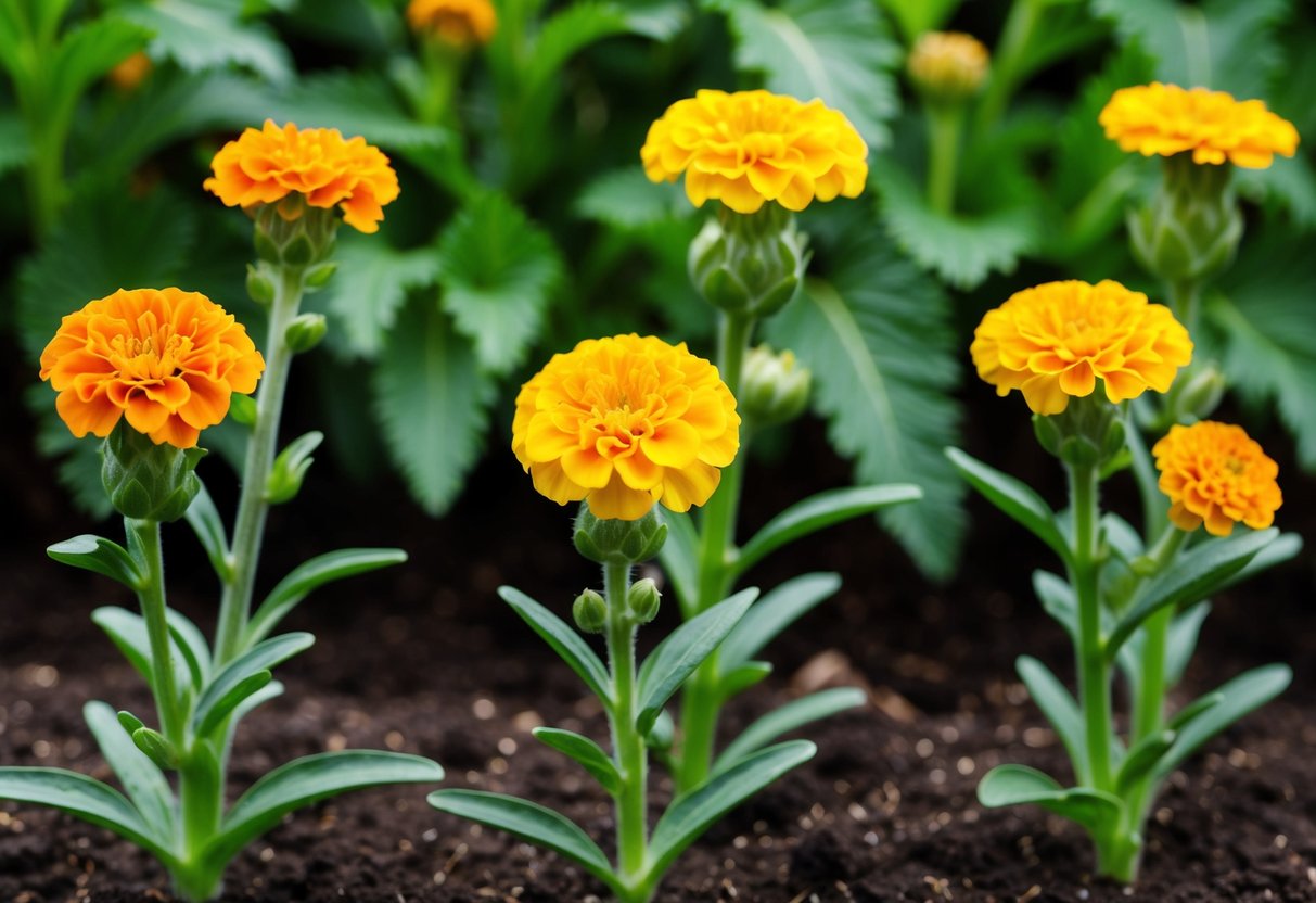 A series of marigold plants at various stages of flowering, from bud to full bloom, set against a backdrop of green leaves and soil