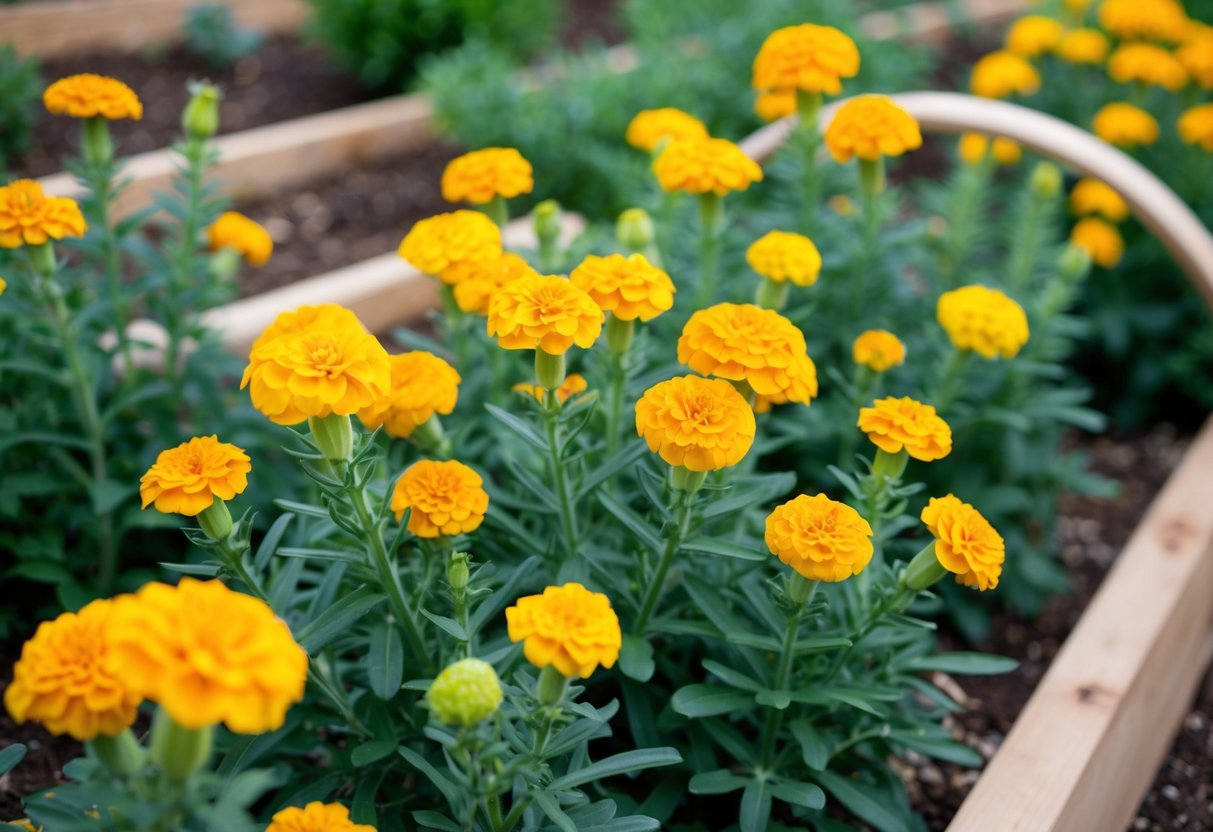 A garden scene with marigold plants in bloom, surrounded by protective barriers and natural pest deterrents