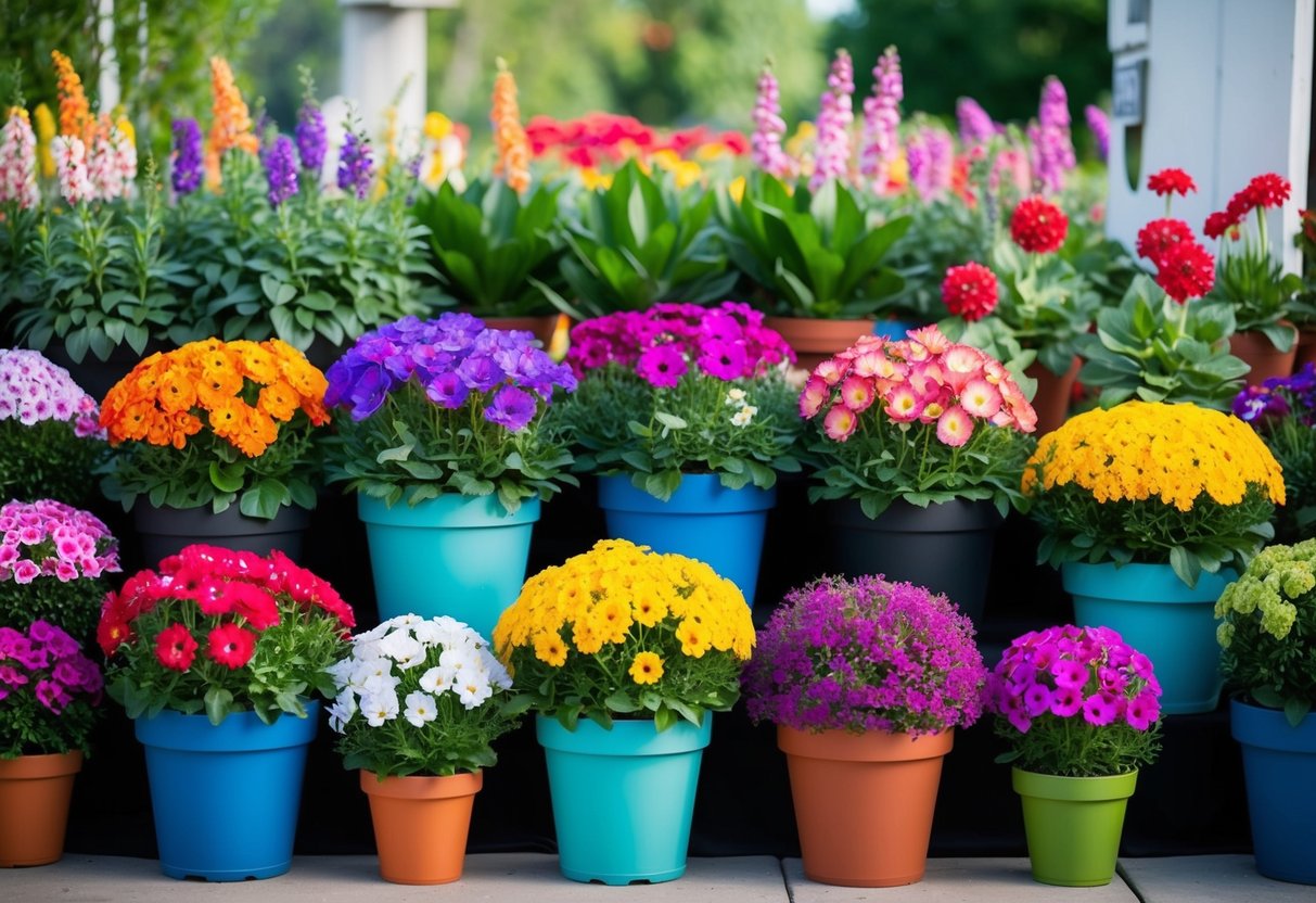 Colorful potted annual flowers arranged in a variety of shapes and sizes, with vibrant blooms and lush green foliage, creating an inviting and visually appealing display