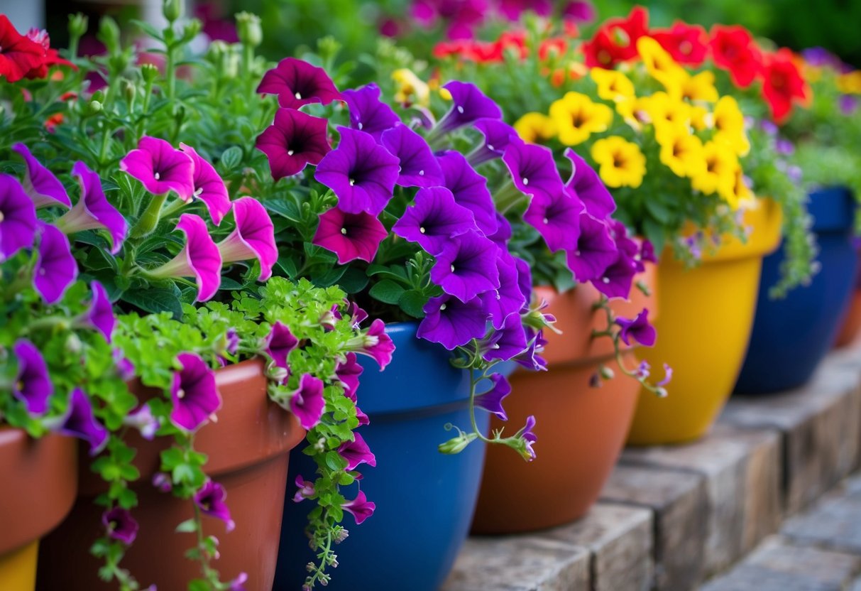 Vibrant petunias and cascading lobelia spill over the edges of a colorful array of pots, adding a burst of color to the container garden