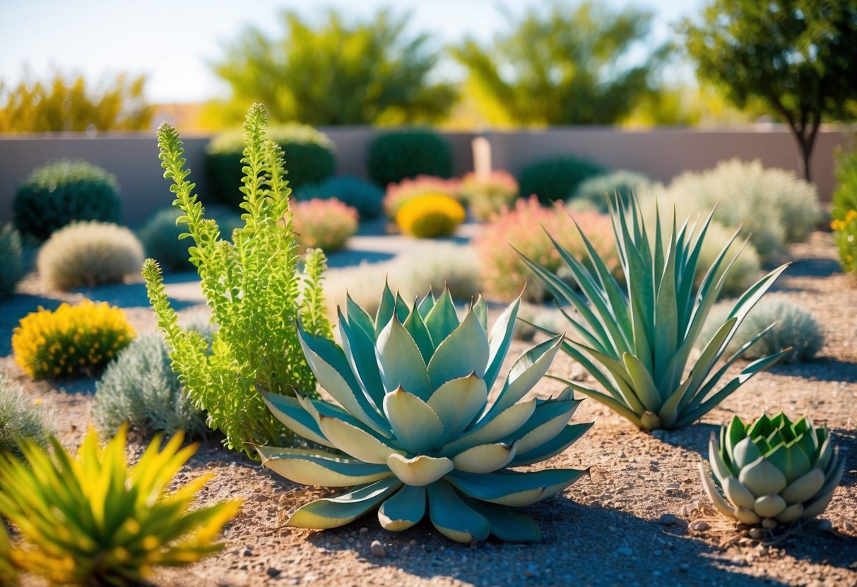 A variety of drought-tolerant plants thriving in a dry, sun-drenched outdoor garden