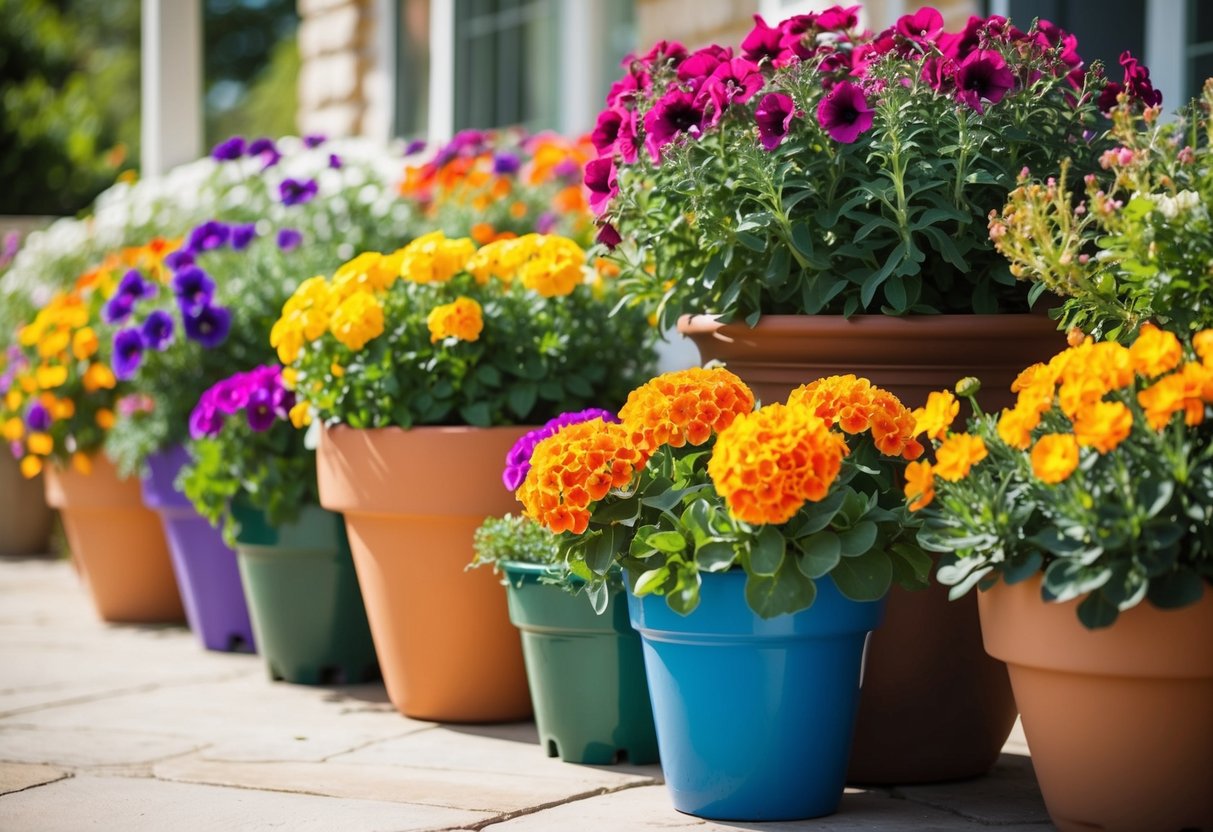 Colorful annual flowers bursting from various sized pots on a sunny patio. Bright blooms of petunias, marigolds, and impatiens spill over the edges, creating a vibrant display