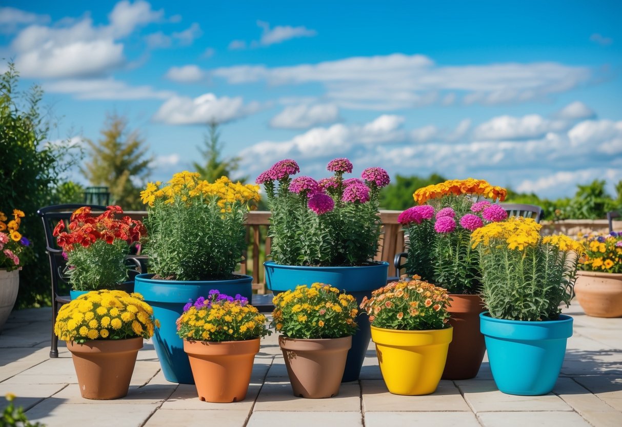 Colorful annual flowers in various sized pots, arranged on a sunny patio with a backdrop of greenery and a blue sky