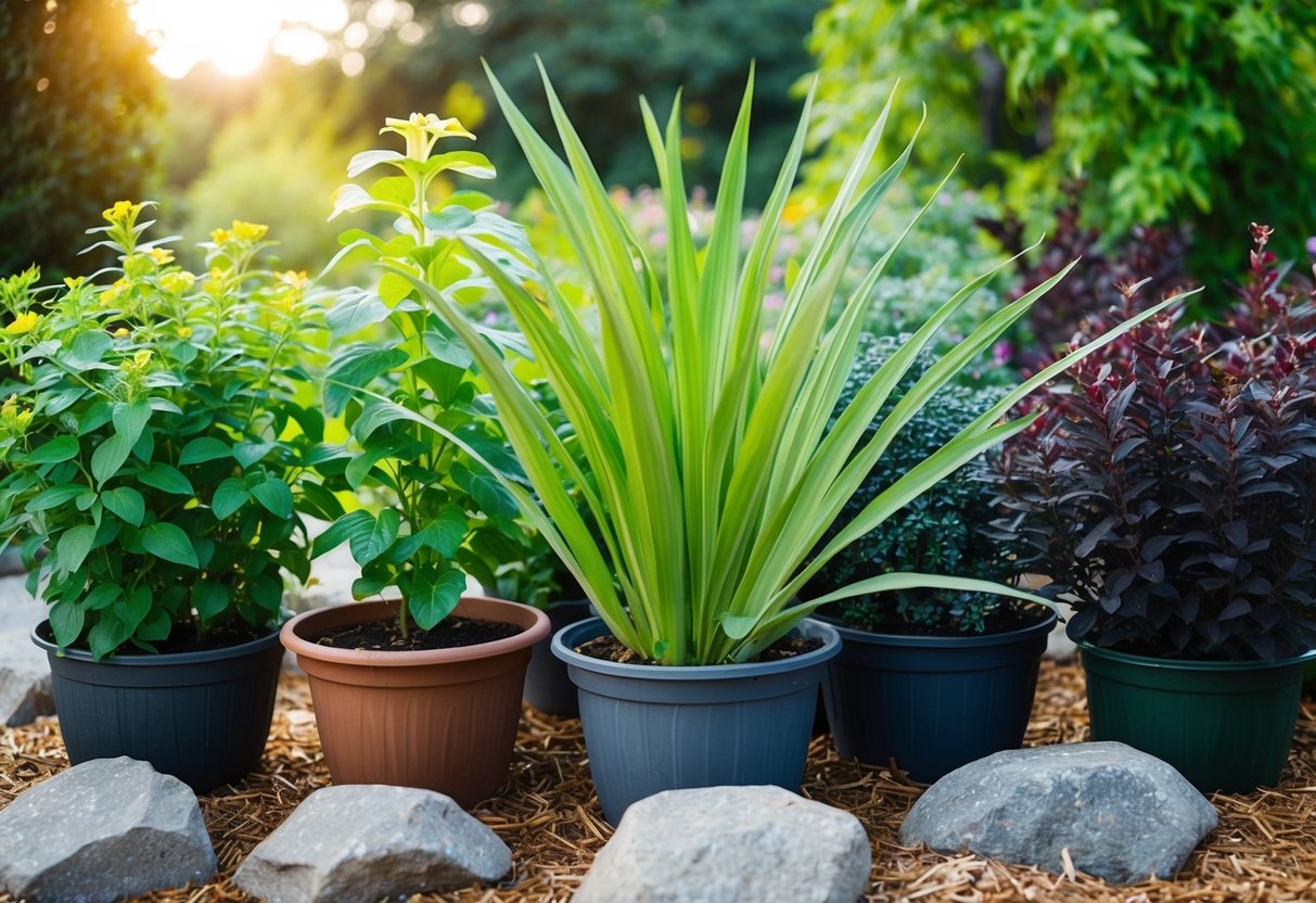 A variety of sturdy outdoor plants thriving in different conditions, from sunny to shaded areas, surrounded by rocks and mulch