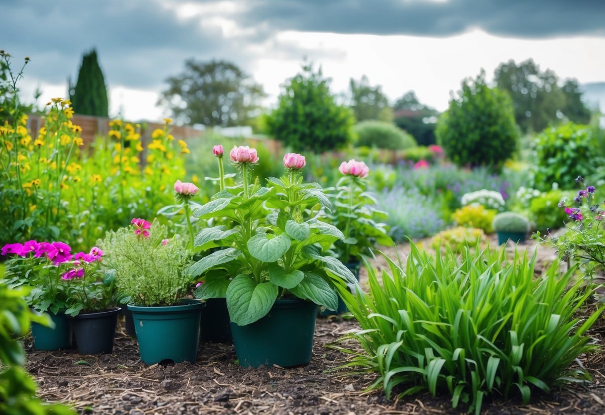 A garden with hardy plants thriving in various weather conditions. Some are blooming, others are dormant, showcasing their resilience