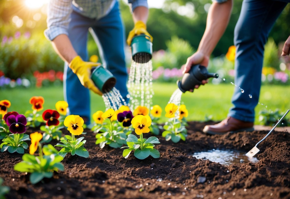 A gardener plants pansy seedlings in rich soil, waters them, and watches them bloom in a cycle of care