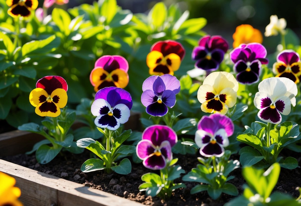 Colorful pansies bloom in a garden bed, surrounded by vibrant green foliage. The sun shines down, casting dappled shadows on the delicate flowers