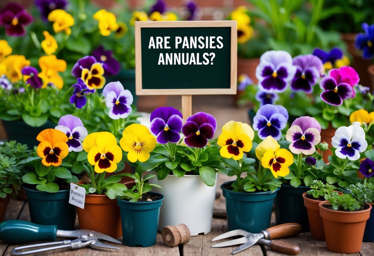 A colorful array of pansies in various stages of growth, surrounded by gardening tools and potted plants, with a sign asking "Are pansies annuals?"