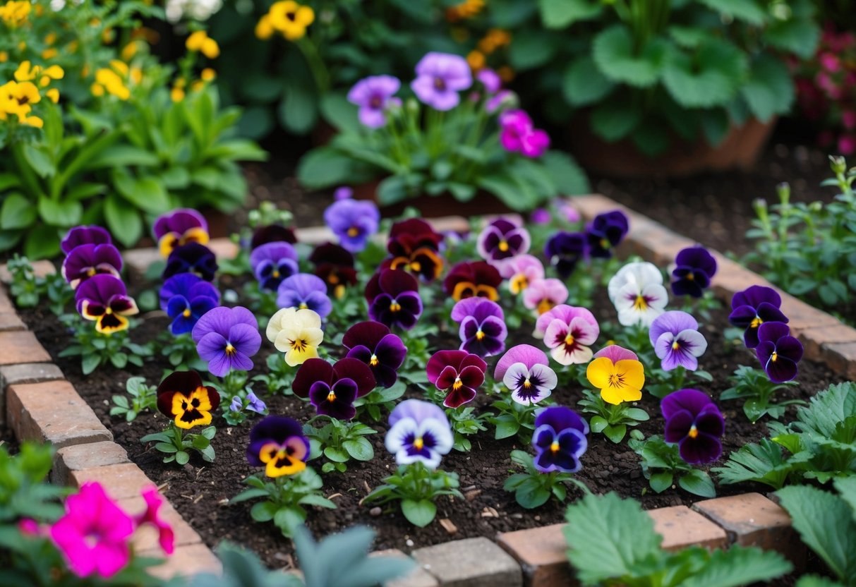 A garden bed filled with colorful pansies, surrounded by lush green foliage and blooming flowers. The pansies are arranged in a creative pattern, adding visual interest to the garden