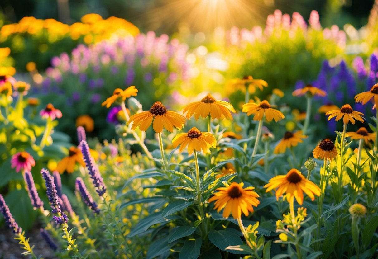 A vibrant garden filled with blooming perennials basking in the warm, golden rays of the sun, with a variety of easy-to-grow plants such as coneflowers, black-eyed Susans, and lavender