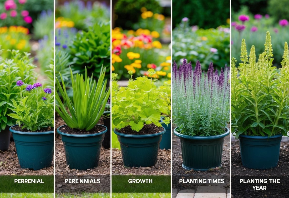 A garden with various perennials in different stages of growth throughout the year, showcasing the different planting times for each type of plant