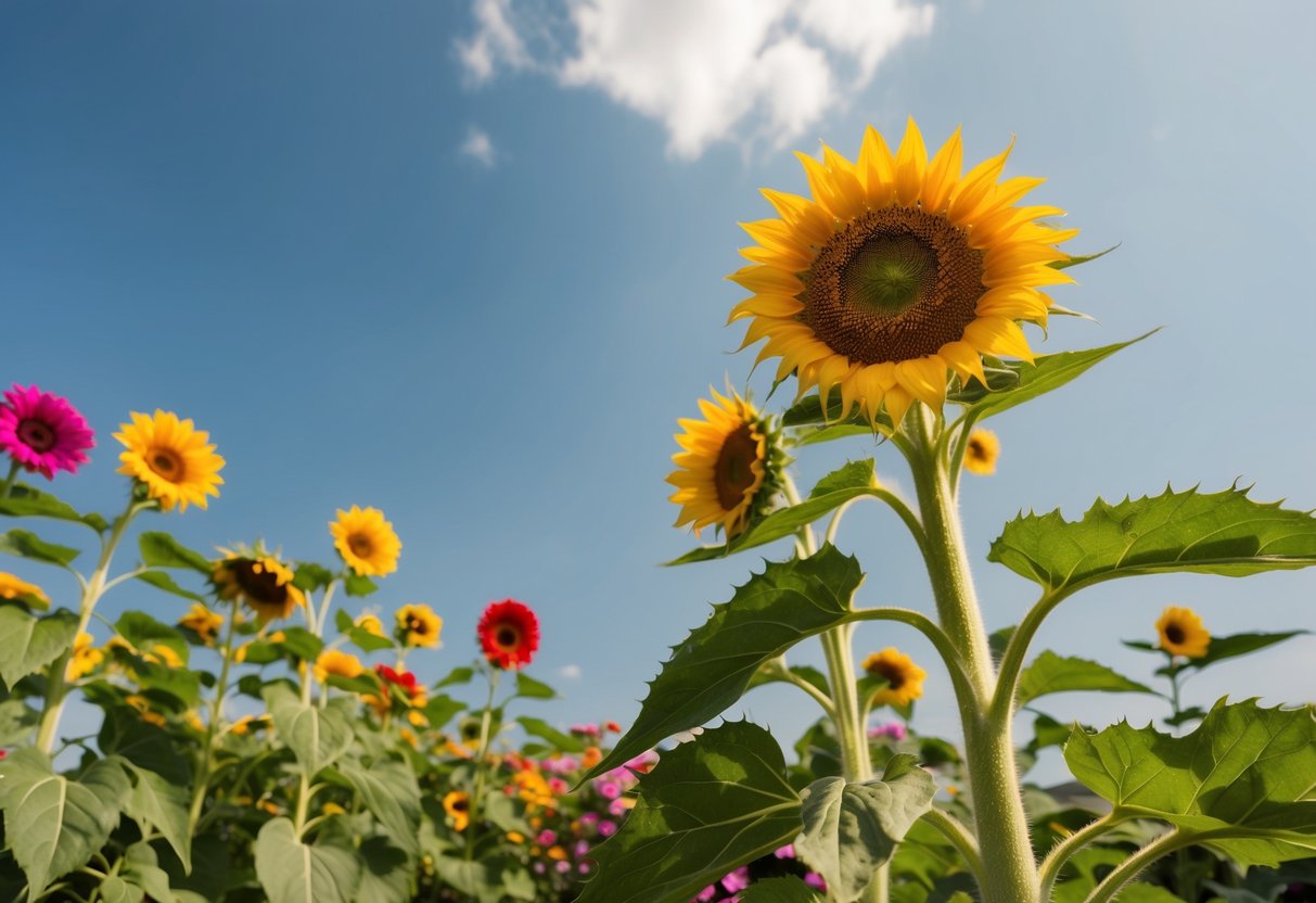 A vibrant sunflower reaching towards the sky, surrounded by colorful blooms and lush green foliage in a well-tended full sun garden