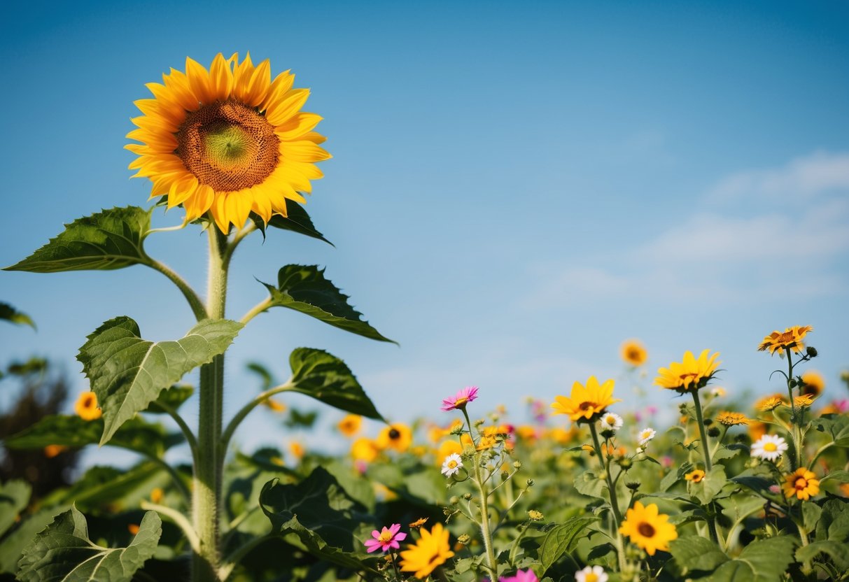 A vibrant sunflower reaching towards the clear blue sky, surrounded by lush green foliage and small, colorful wildflowers in full bloom