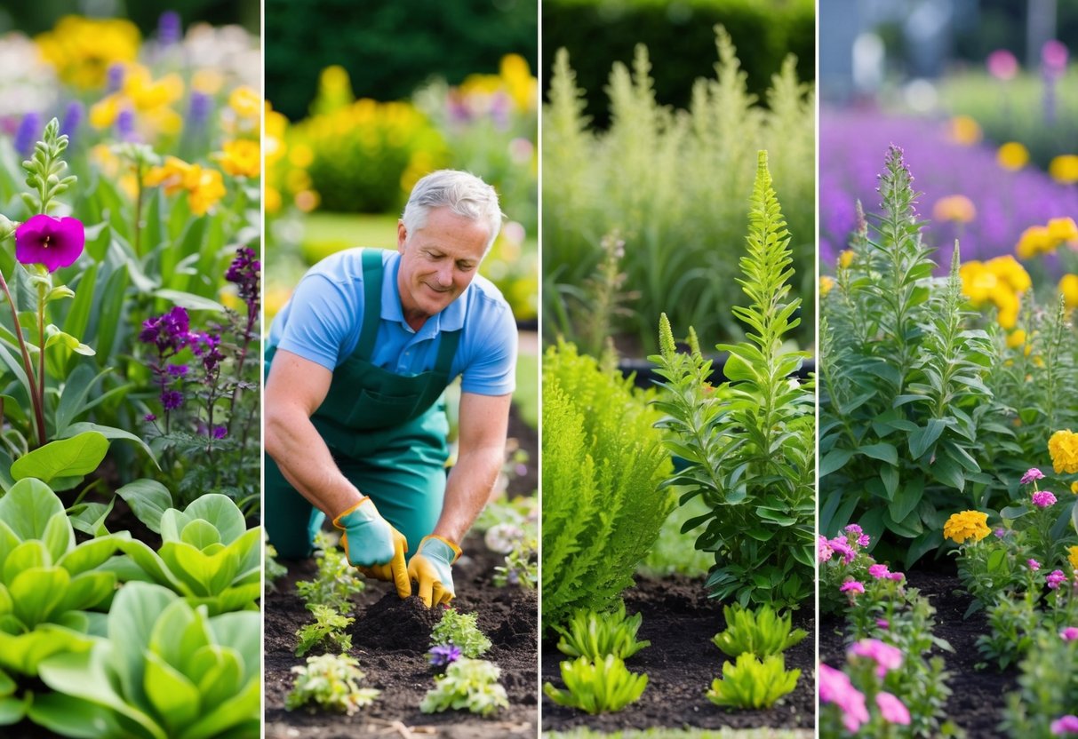 A gardener planting perennials in various stages of growth throughout the year, surrounded by different seasonal elements