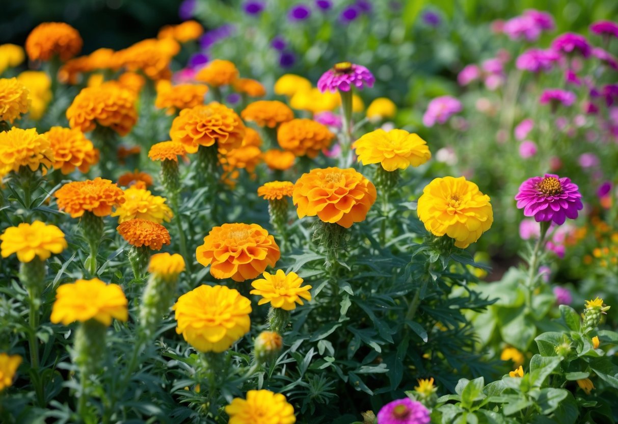 A vibrant array of sun-loving flowers, including marigolds and zinnias, bloom in a lush, sustainable garden buzzing with pollinators