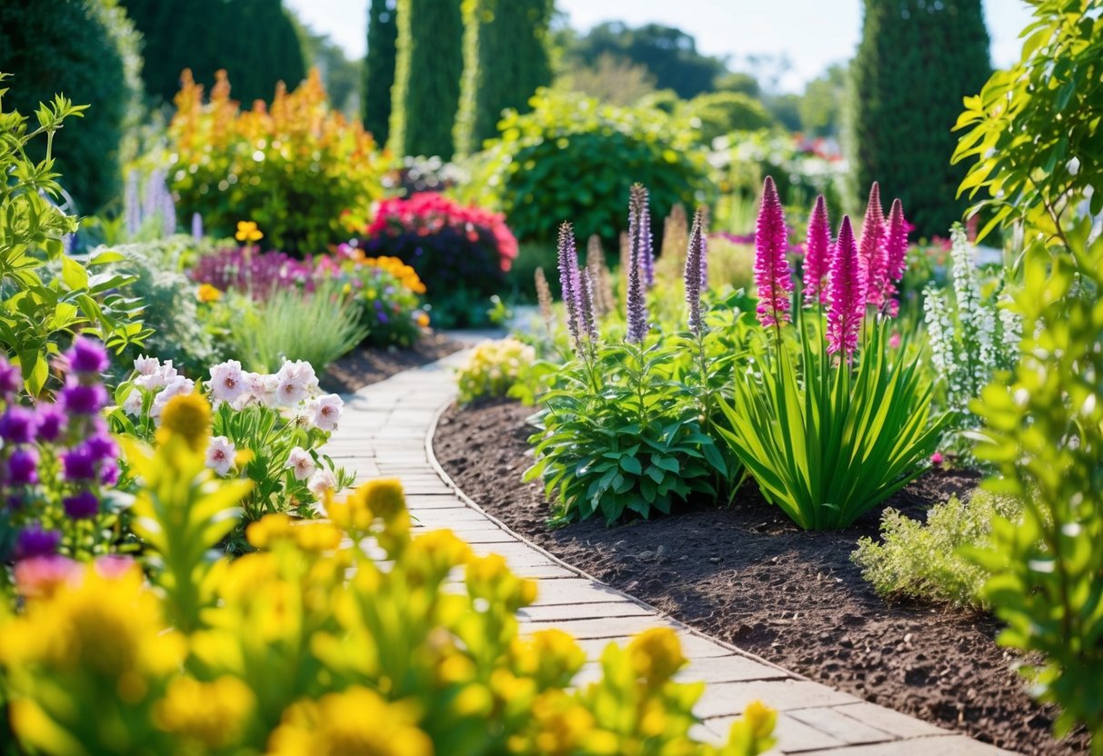 A sunny garden with a variety of blooming perennials in different colors and heights, surrounded by lush green foliage and winding pathways