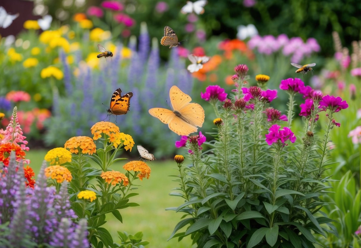 A garden with colorful perennials blooming in all seasons, attracting birds, butterflies, and bees