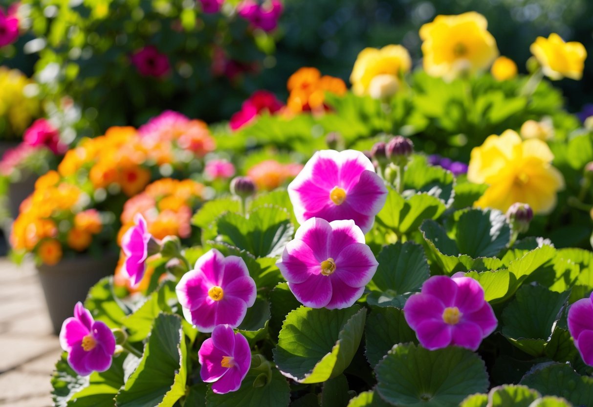 Begonias bloom in a lush, colorful garden in full sunlight. The vibrant flowers and green leaves create a striking display