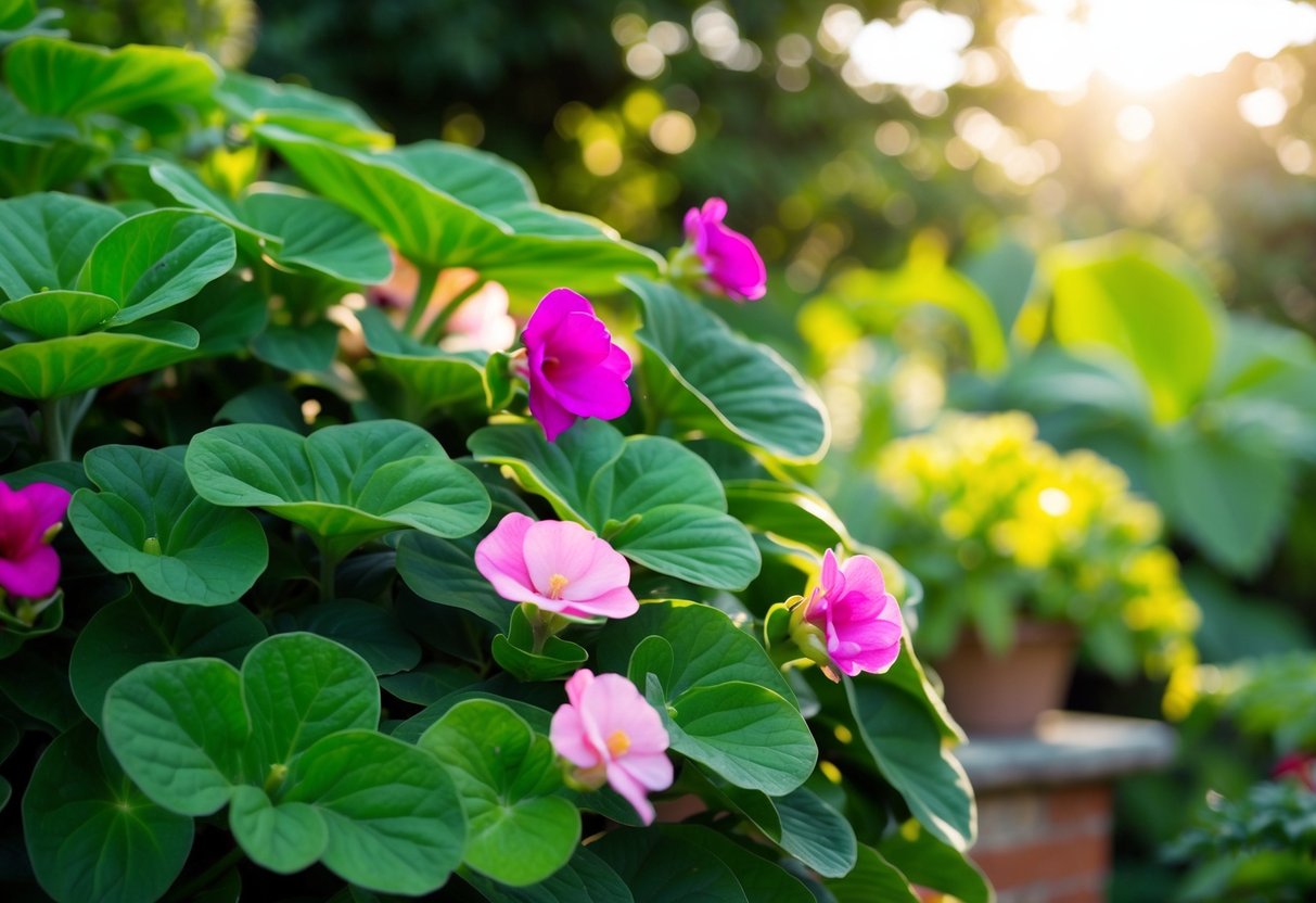 Lush green leaves and vibrant begonia flowers blooming in a garden, with sunlight filtering through the foliage