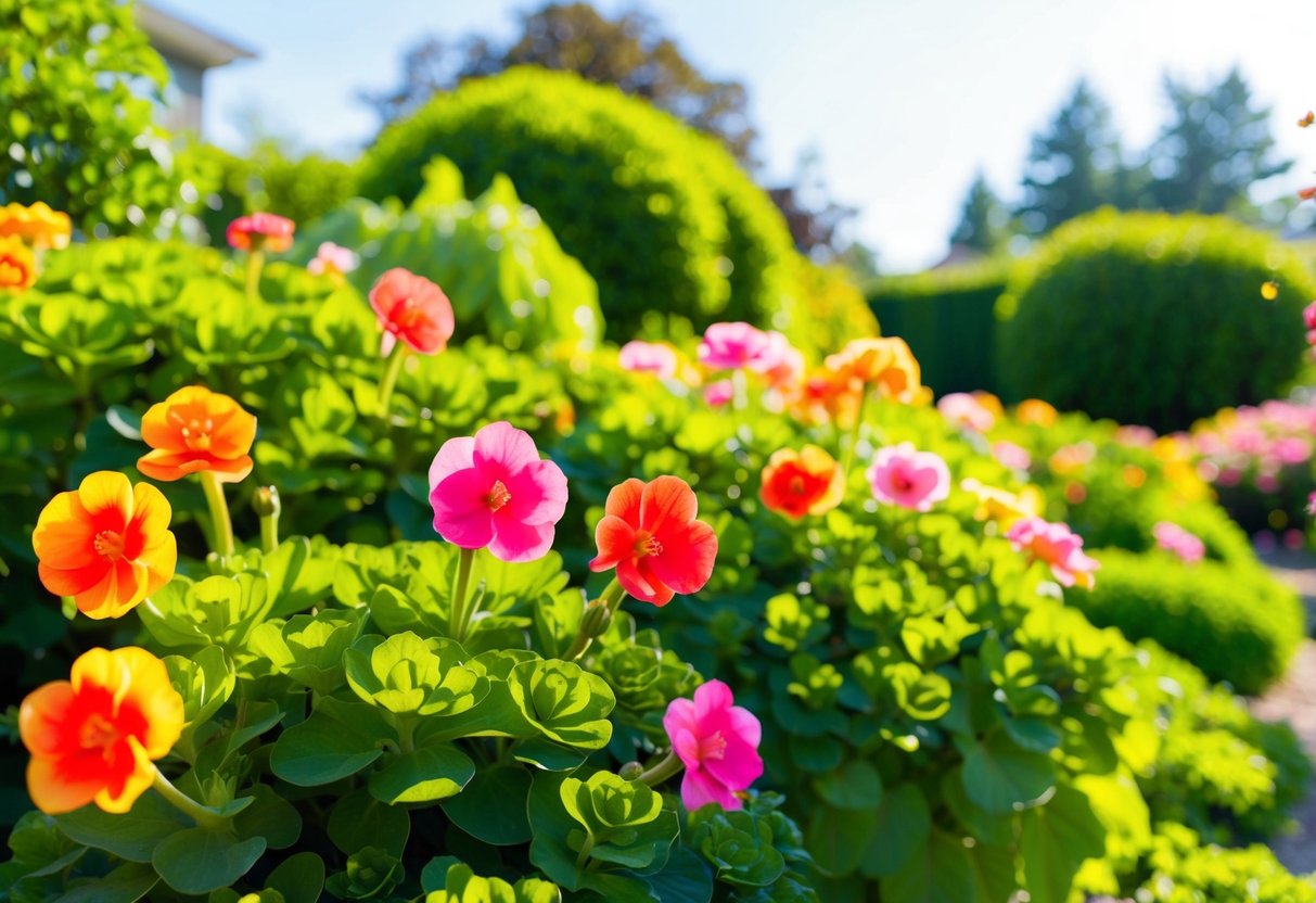 Bright, sunny garden with lush green foliage and vibrant begonias in full bloom. It is likely late spring or early summer