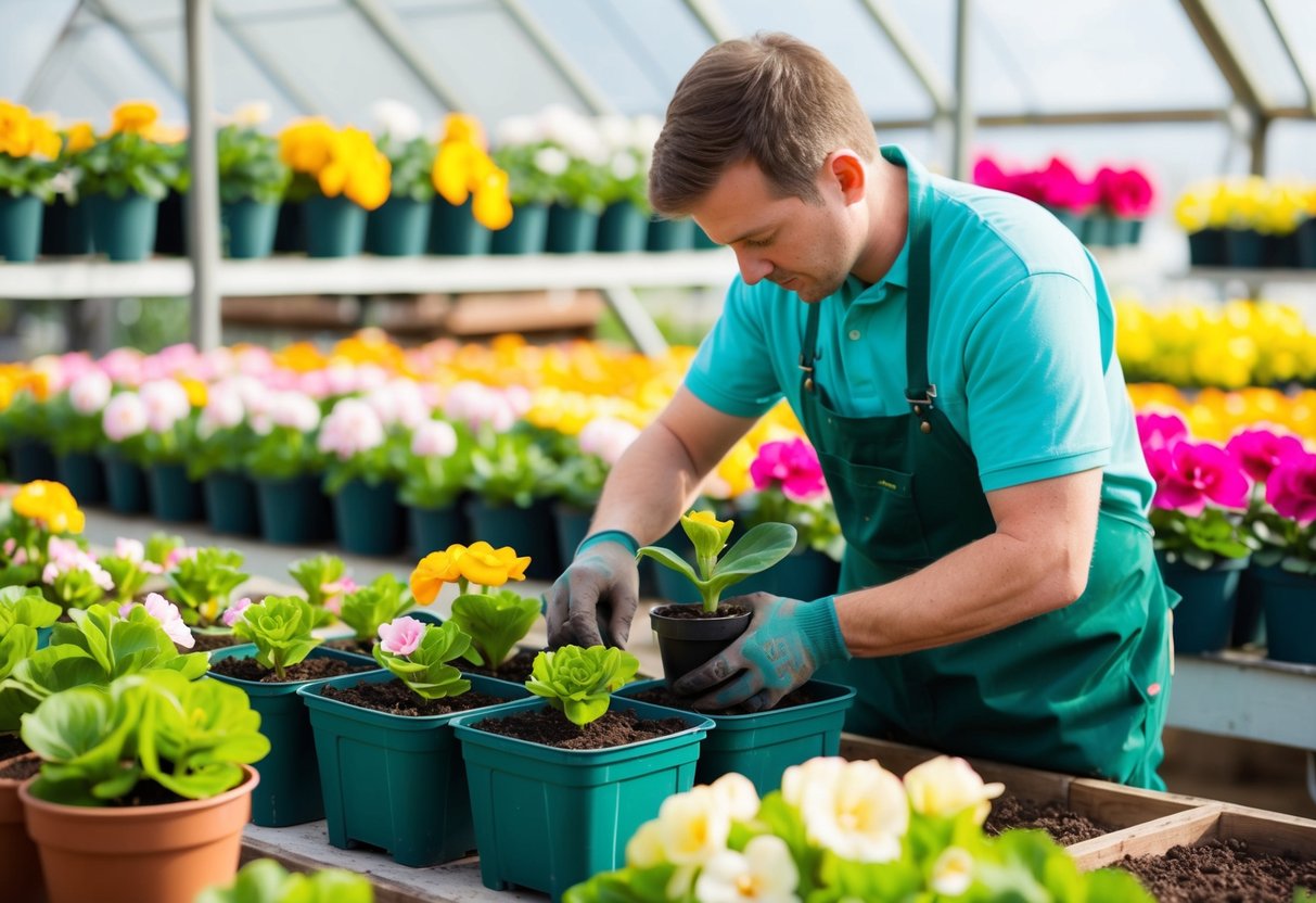 A sunny greenhouse with rows of potted begonias, some in bloom. A gardener carefully repotting a young plant into fresh soil