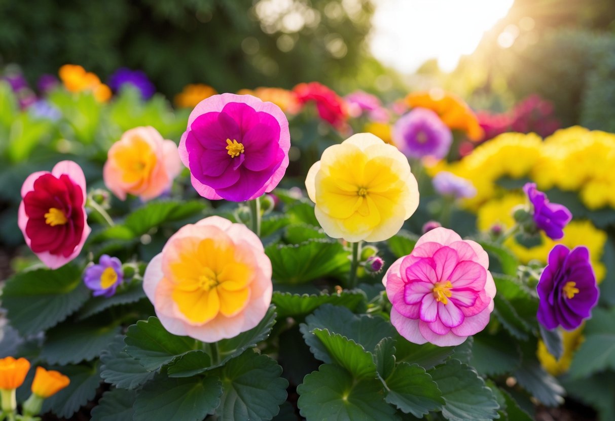 Begonias bloom in a lush, colorful garden, with vibrant flowers in full bloom. The sun shines down, casting a warm glow on the scene