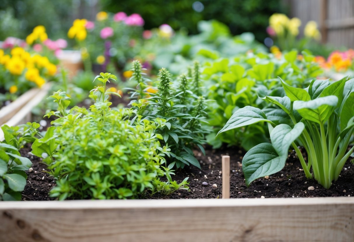 A garden bed with various plants, some overcrowded and struggling, while others are spaced out and thriving