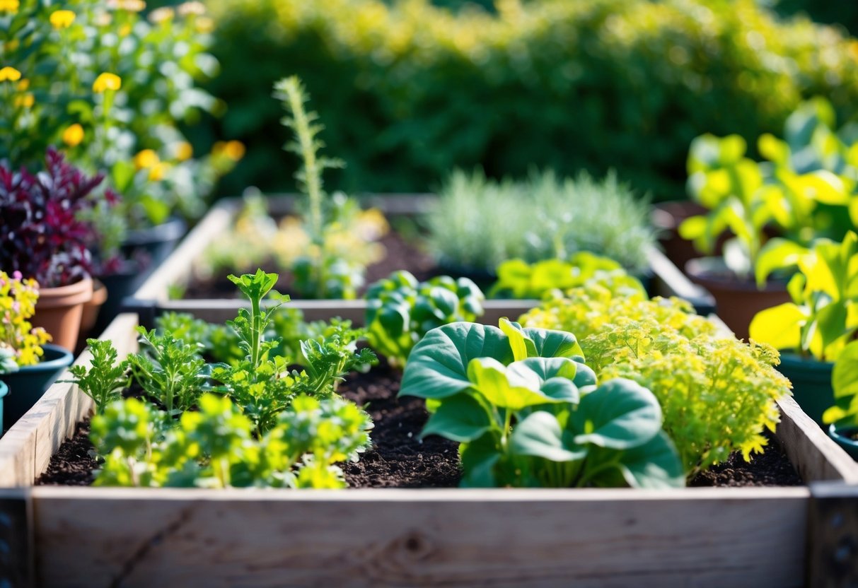 A garden bed filled with various plants, some spaced too closely together, while others have ample room for growth