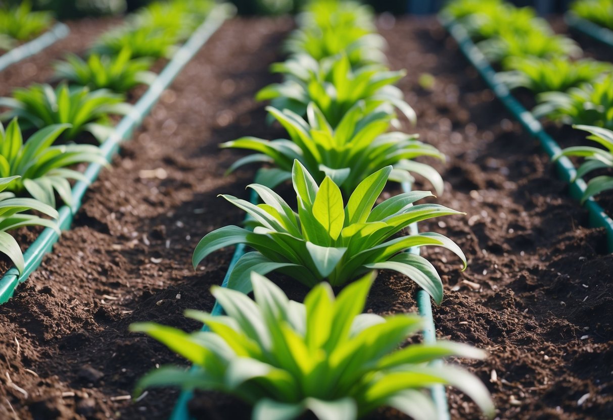 Bedding plants arranged in evenly spaced rows in a garden bed with soil and nutrient-rich compost visible