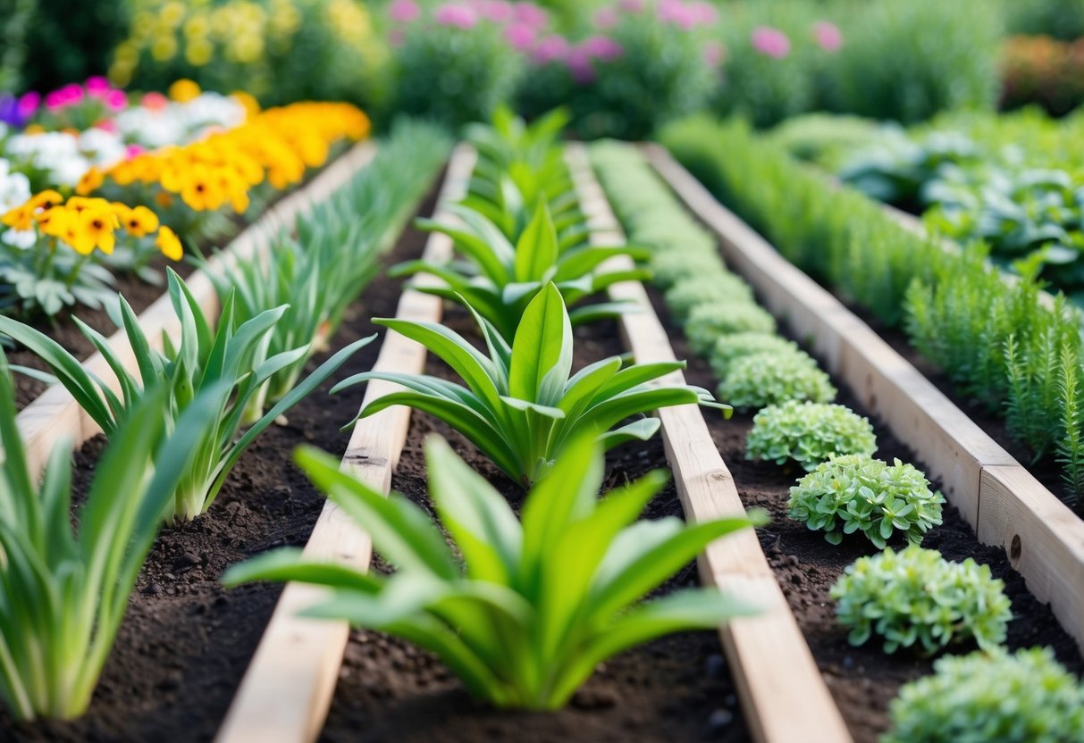 A garden bed with various bedding plants arranged in evenly spaced rows, showing the appropriate distance between each plant