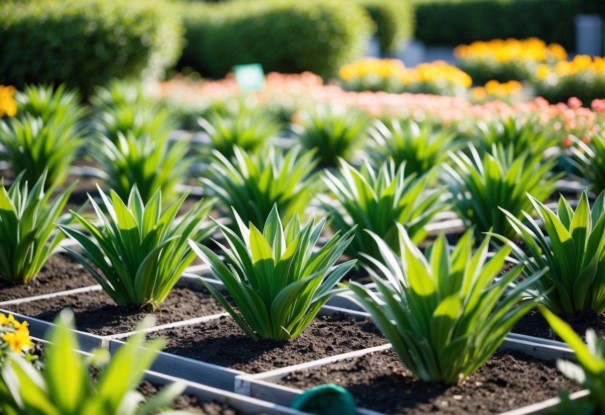 Several rows of bedding plants arranged in a garden bed, with each plant spaced evenly apart according to recommended maintenance and care guidelines