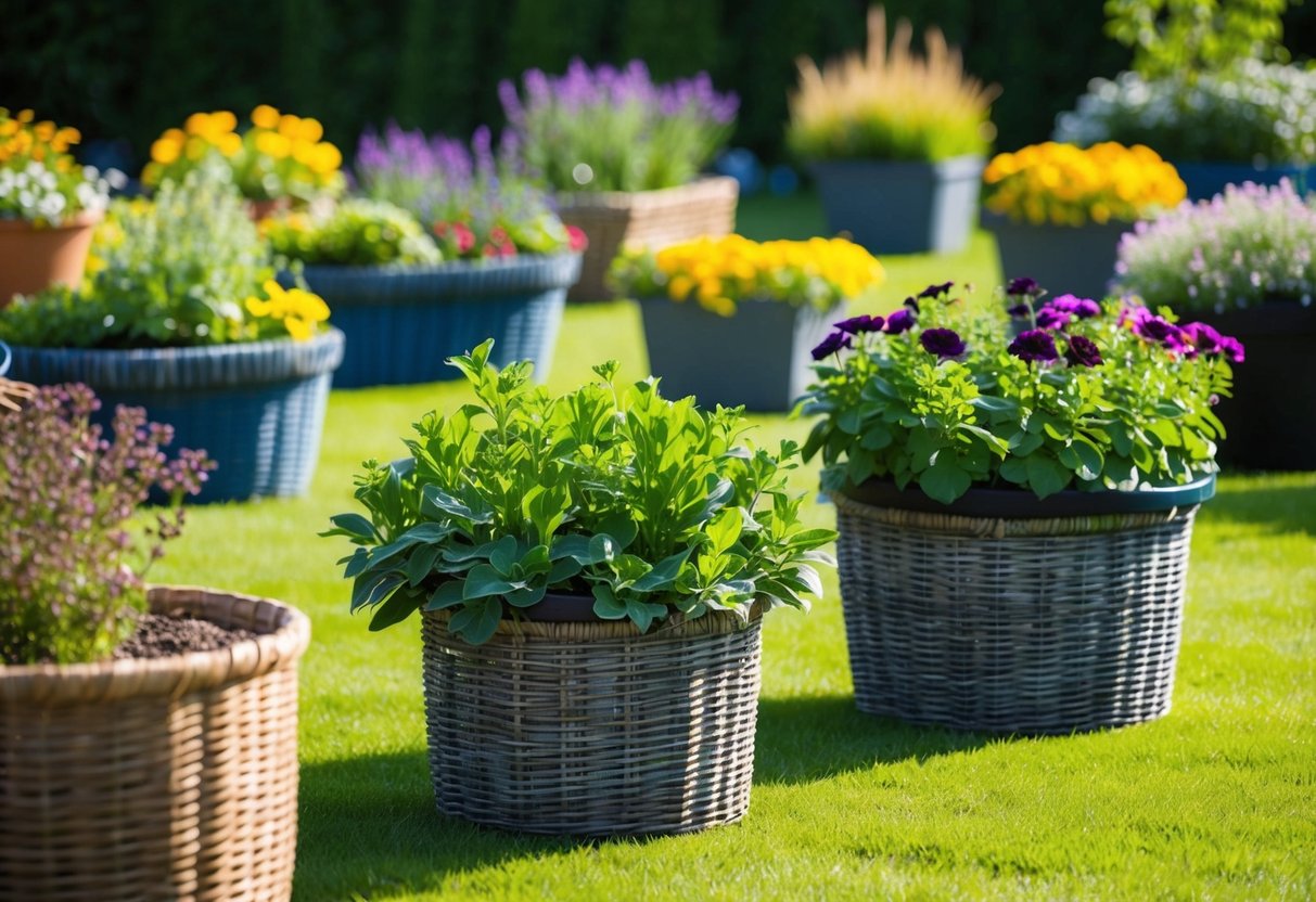 Several containers and baskets filled with various bedding plants arranged in a garden, spaced evenly apart