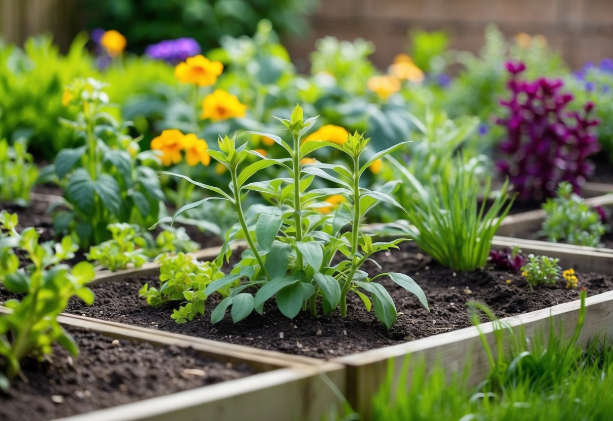 A garden bed with crowded bedding plants struggling to grow, some wilting and overshadowed by others