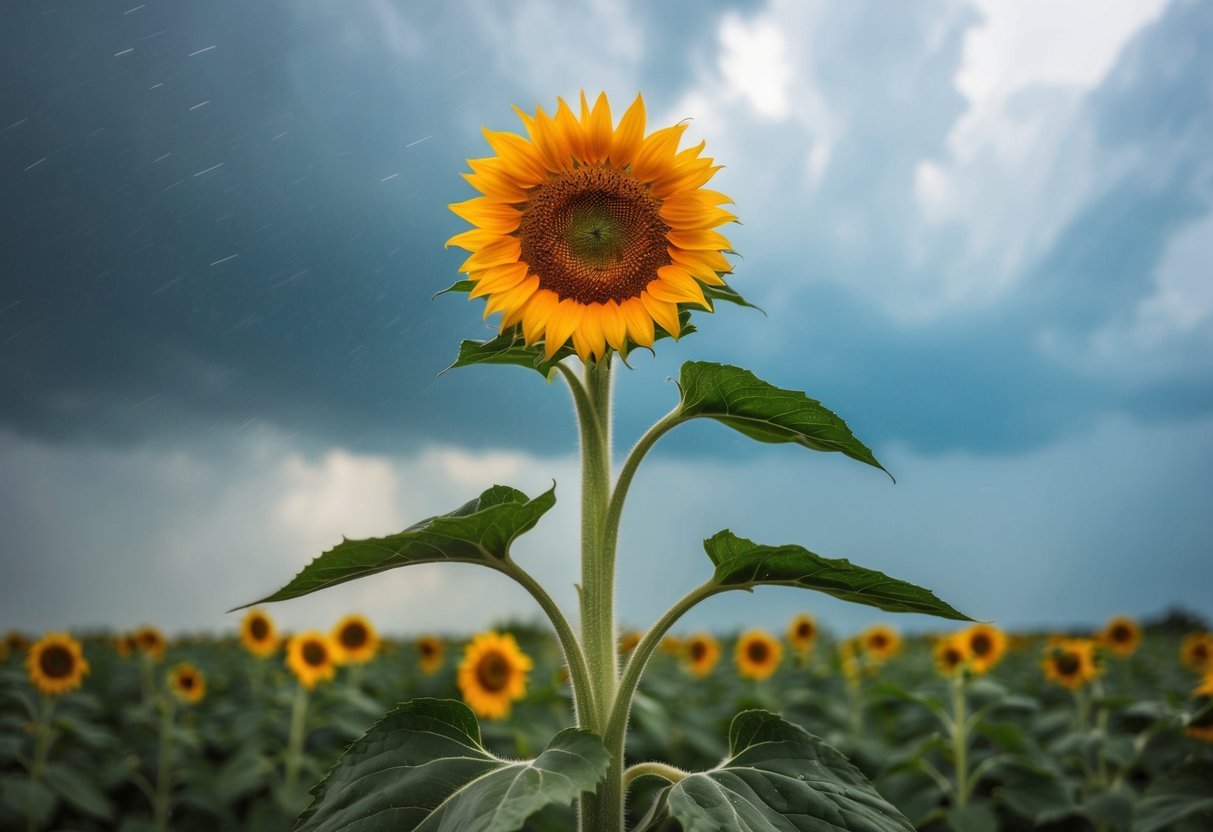 A lone sunflower standing tall amidst a storm, its sturdy stem and vibrant petals defying the wind and rain