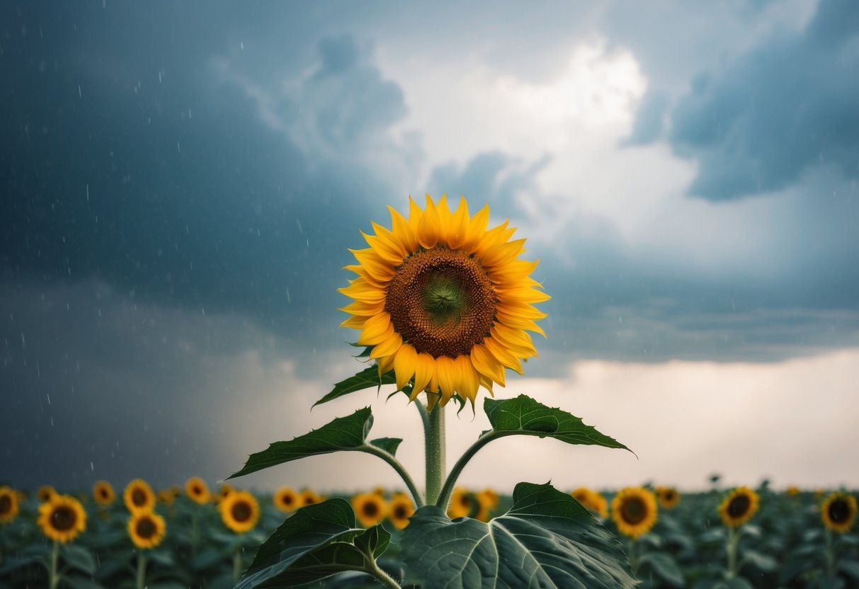 A lone sunflower standing tall amidst a fierce storm, its vibrant petals defiantly braving the wind and rain